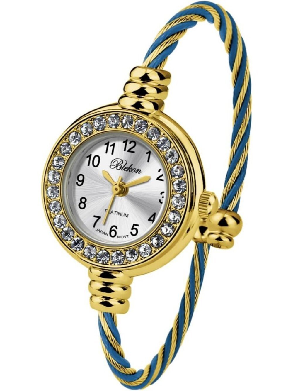 Women's Gold And Blue Analog Cable Cuff Arabic Numbers Rhinestone Bracelet Watch